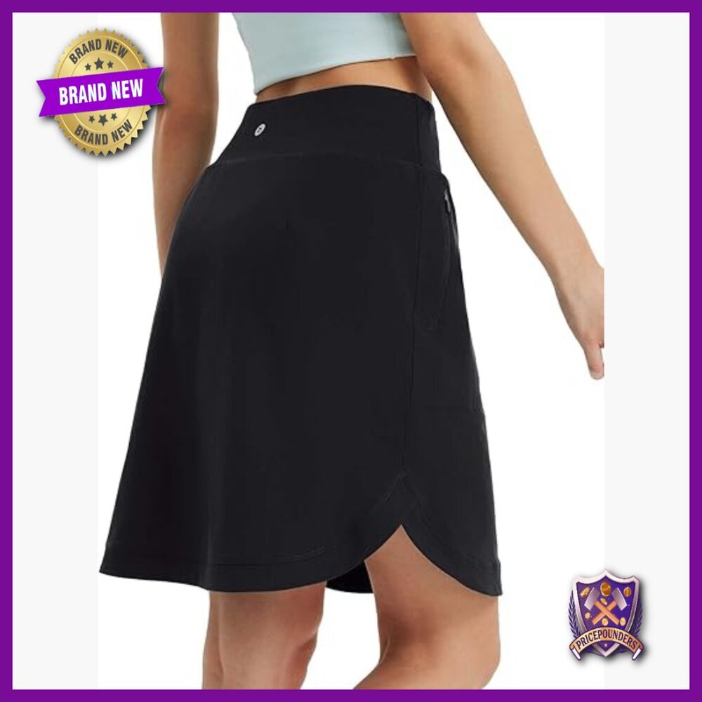Knee-Length Athletic Skort with Zipper Pockets, UPF50+, Drawstring Waist